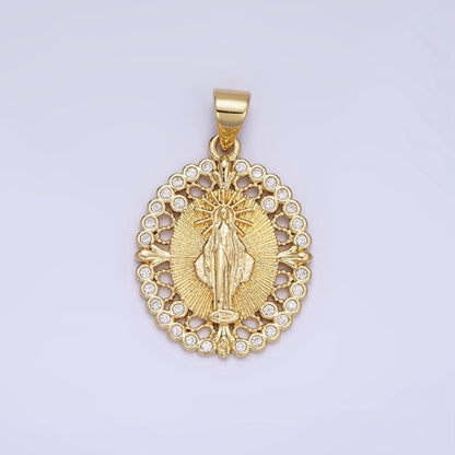 14K Gold Filled Mother Mary CZ Round Dotted Open Oval Pendant | AA1129