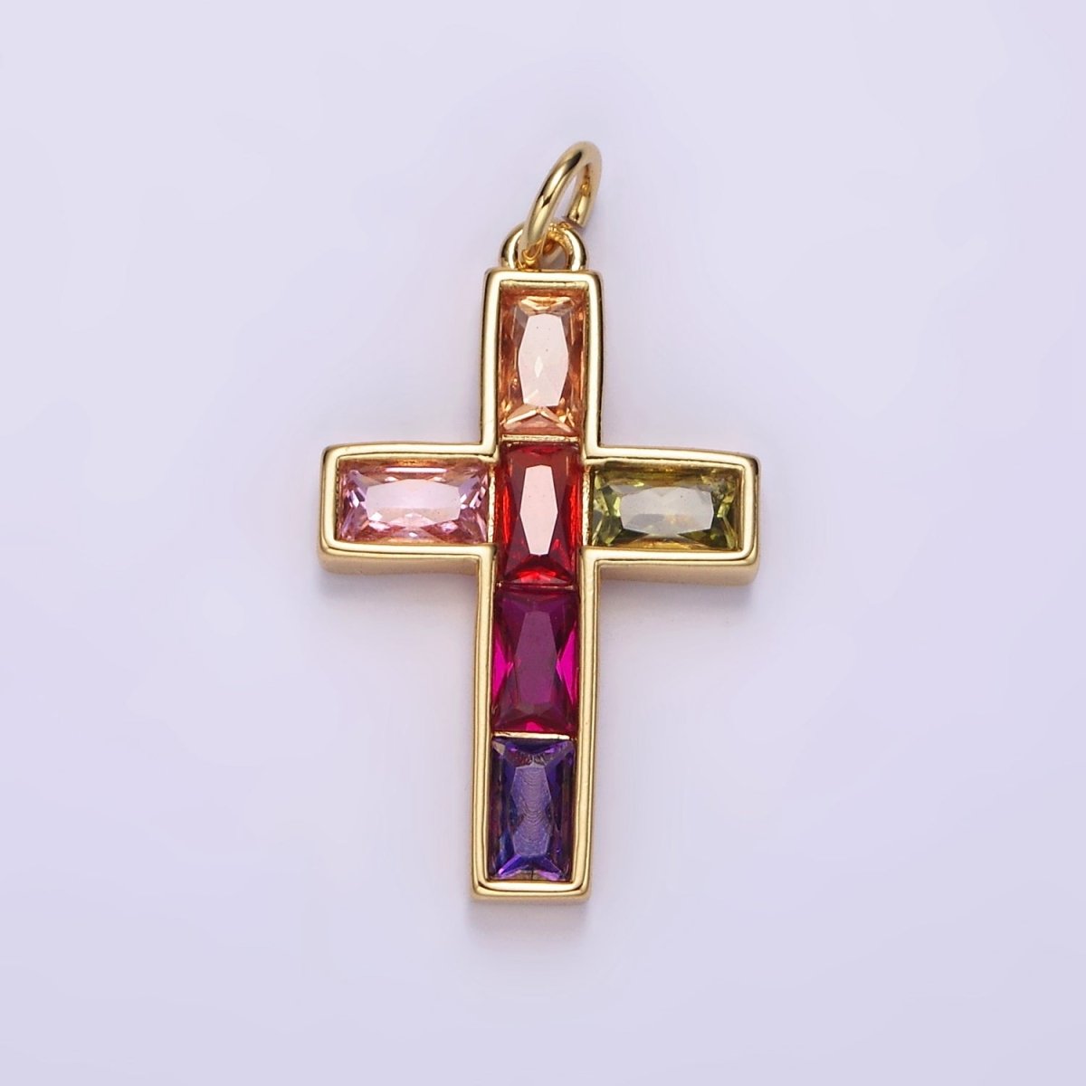 14K Gold Filled Multicolor Baguette CZ Lined Religious Latin Cross Charm | AG535