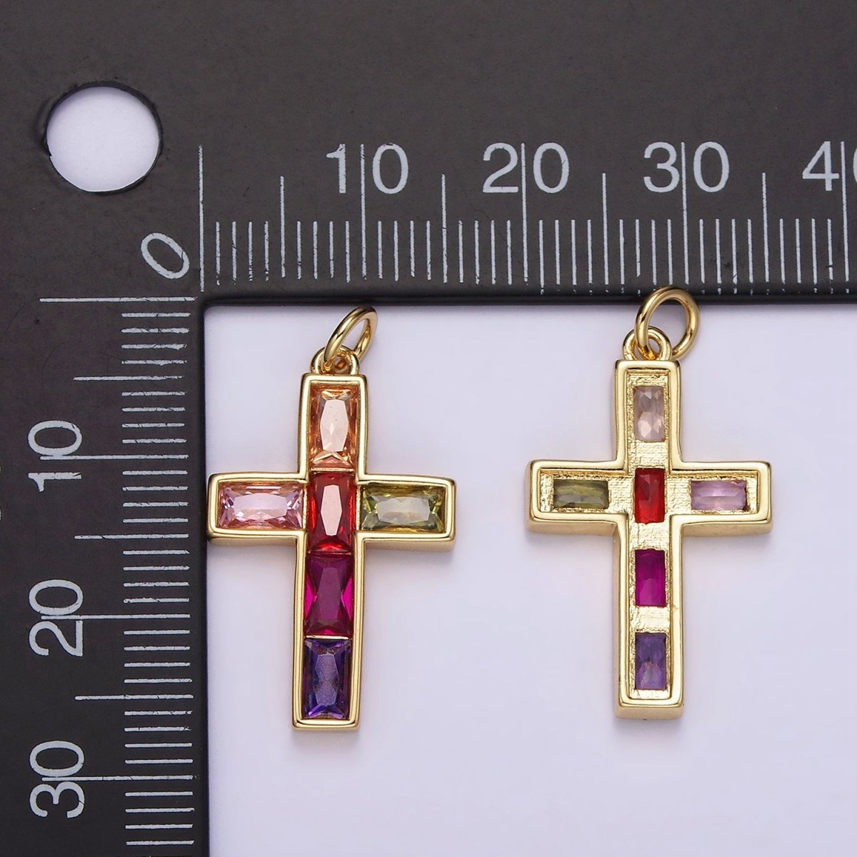 14K Gold Filled Multicolor Baguette CZ Lined Religious Latin Cross Charm | AG535