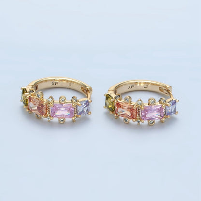 14K Gold Filled Multicolor Baguette Dotted CZ Huggie Earrings | AD618