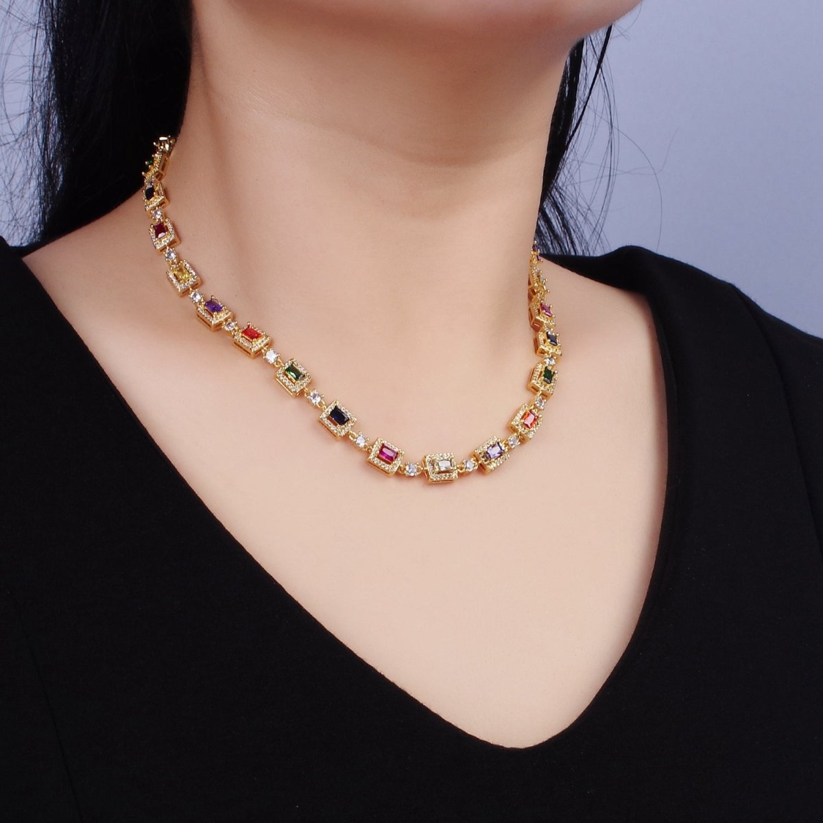 14K Gold Filled Multicolor Baguette Micro Paved CZ 15 Inch Choker Chain Necklace | WA-2135 Clearance Pricing