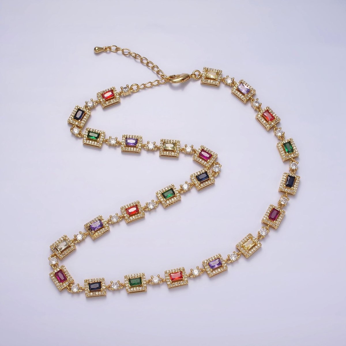 14K Gold Filled Multicolor Baguette Micro Paved CZ 15 Inch Choker Chain Necklace | WA-2135 Clearance Pricing