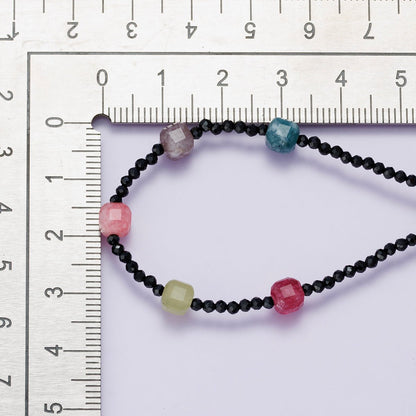 14K Gold Filled Multicolor Black Multifaceted Gemstone Figaro Chain Half 18 Inch Necklace w. Extender | WA-04226