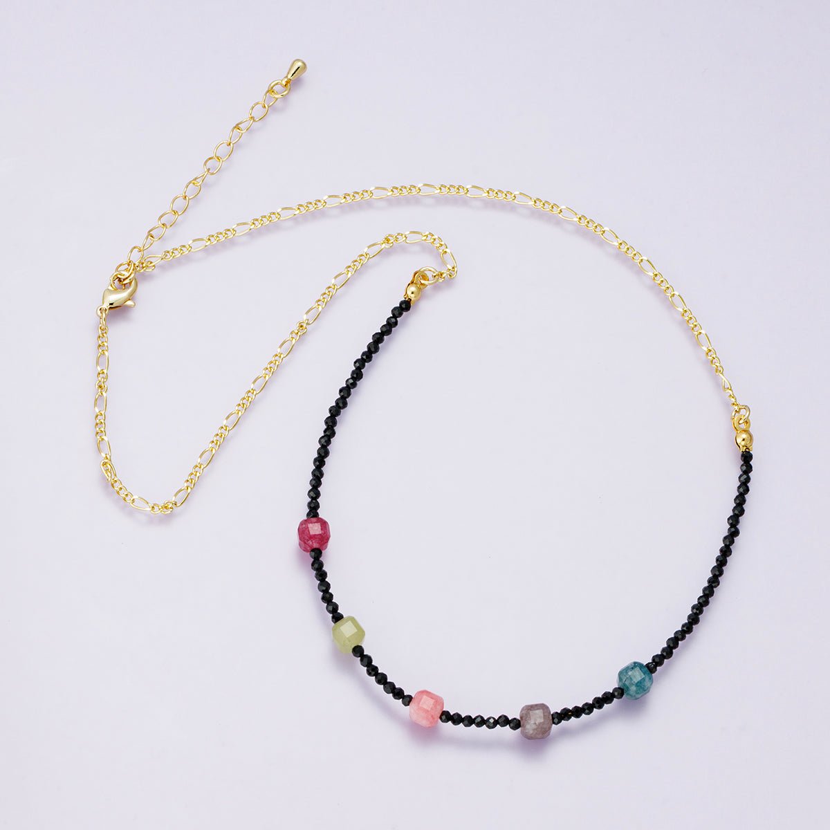 14K Gold Filled Multicolor Black Multifaceted Gemstone Figaro Chain Half 18 Inch Necklace w. Extender | WA-04226