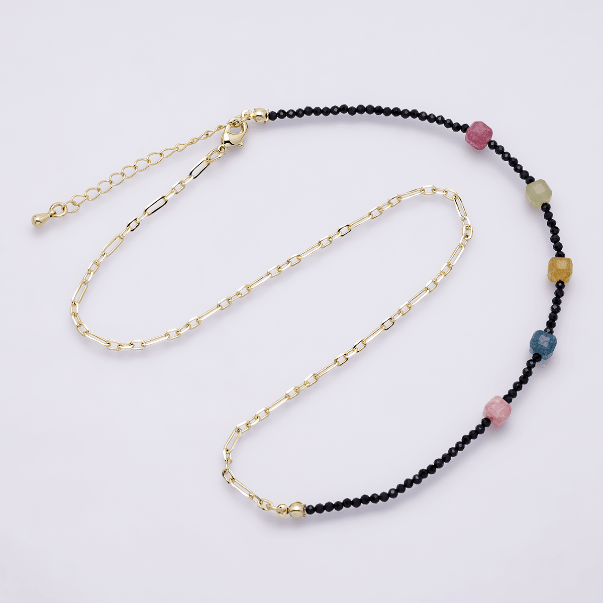 14K Gold Filled Multicolor Black Multifaceted Gemstone Paperclip Chain Half 17.5 Inch Necklace w. Extender | WA-04169