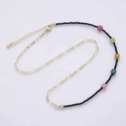 14K Gold Filled Multicolor Black Multifaceted Gemstone Paperclip Chain Half 17.5 Inch Necklace w. Extender | WA-04169