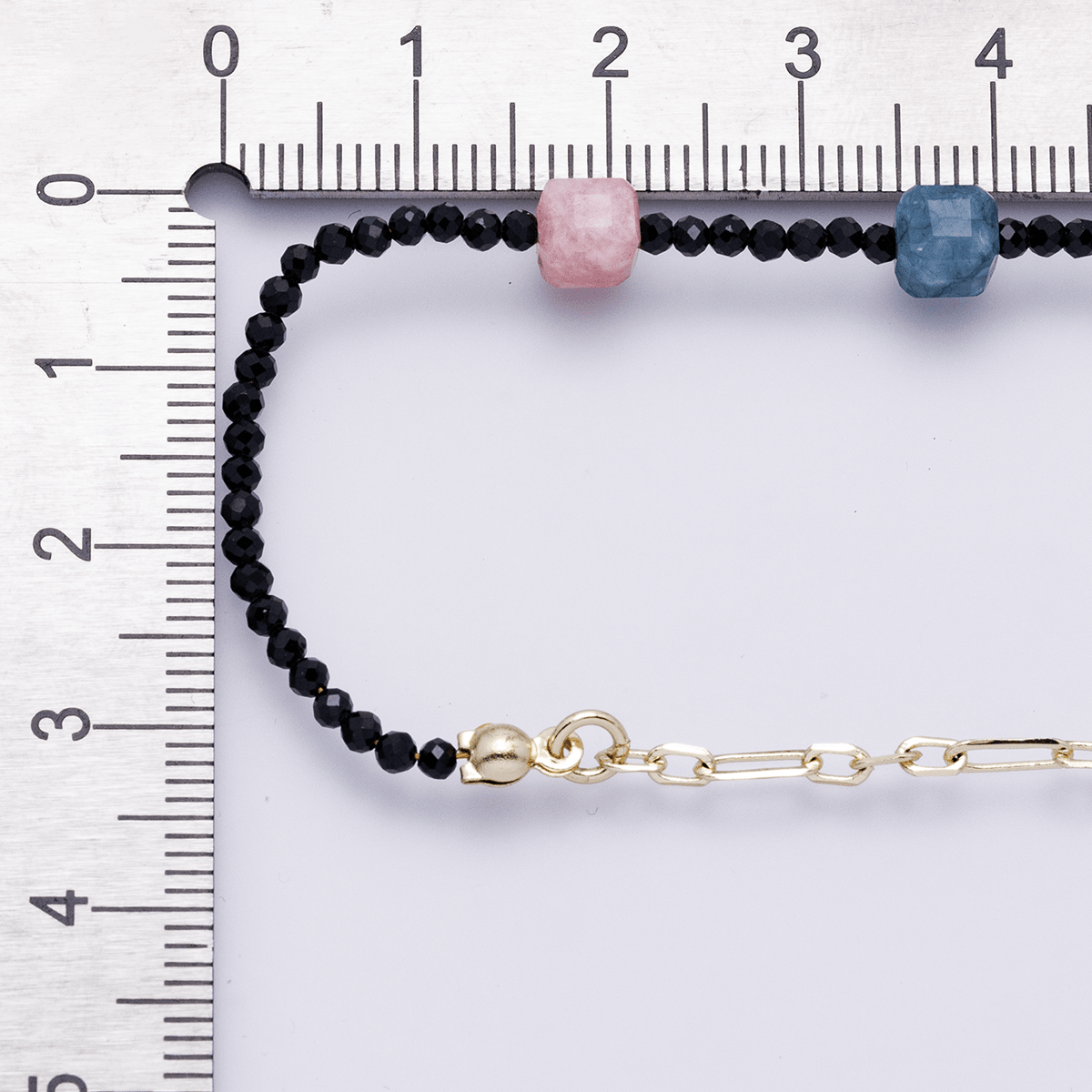 14K Gold Filled Multicolor Black Multifaceted Gemstone Paperclip Chain Half 17.5 Inch Necklace w. Extender | WA-04169