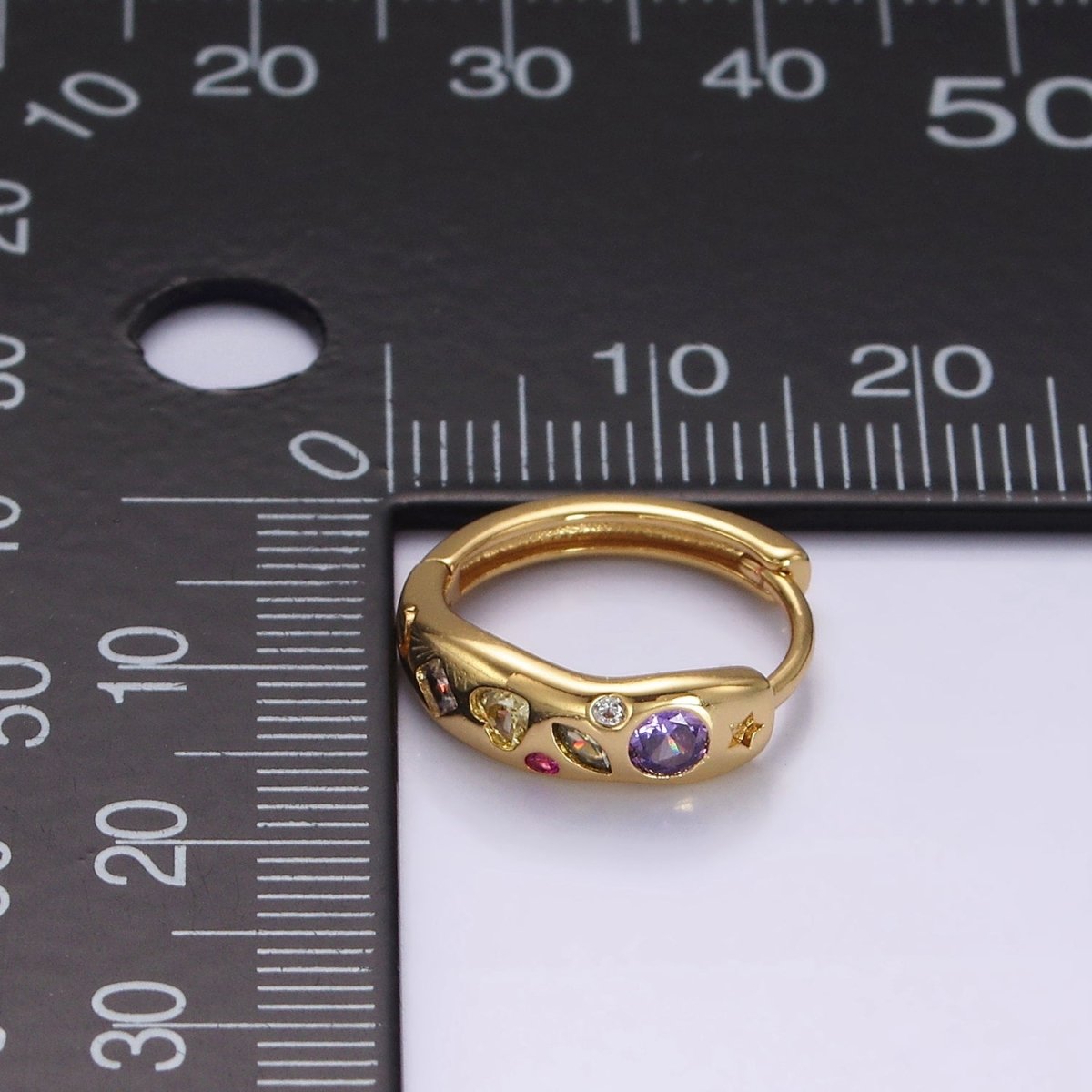 14K Gold Filled Multicolor CZ Dot Marquise Heart 15mm Huggie Earrings | AE916
