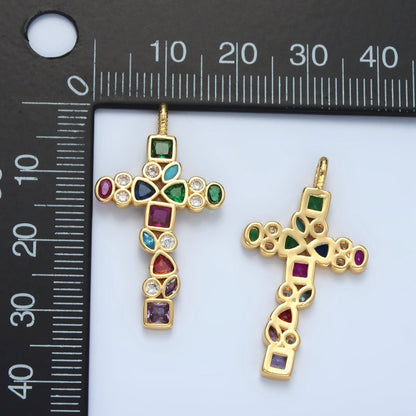 14K Gold Filled Multicolor CZ Geometric Religious Cross Pendant | I545