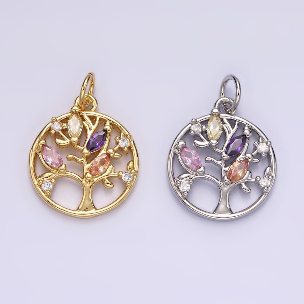 14K Gold Filled Multicolor Marquise CZ Leaf Tree Open Round Charm in Gold &amp; Silver | N1500 N1501