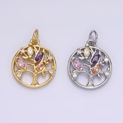 14K Gold Filled Multicolor Marquise CZ Leaf Tree Open Round Charm in Gold &amp; Silver | N1500 N1501