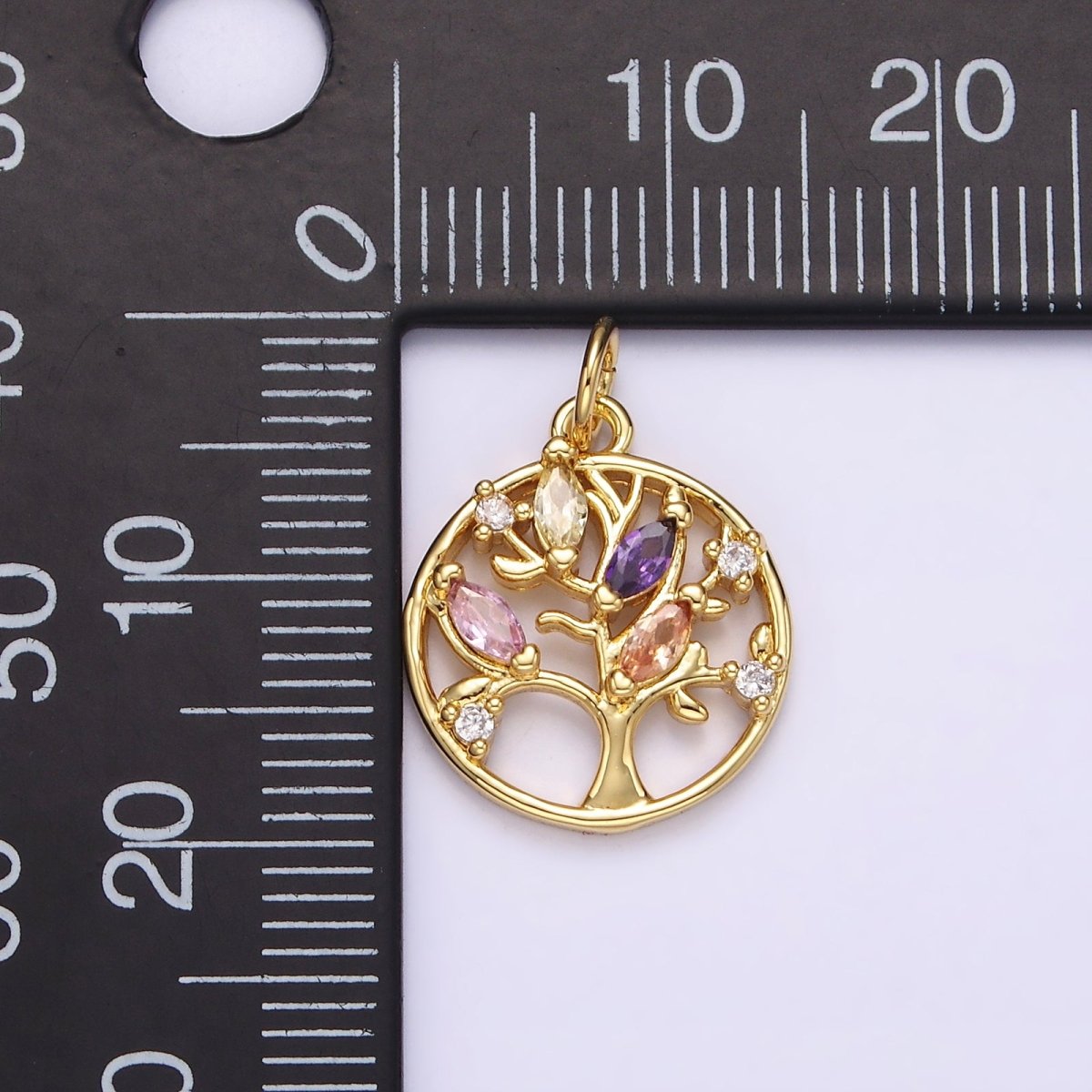 14K Gold Filled Multicolor Marquise CZ Leaf Tree Open Round Charm in Gold &amp; Silver | N1500 N1501