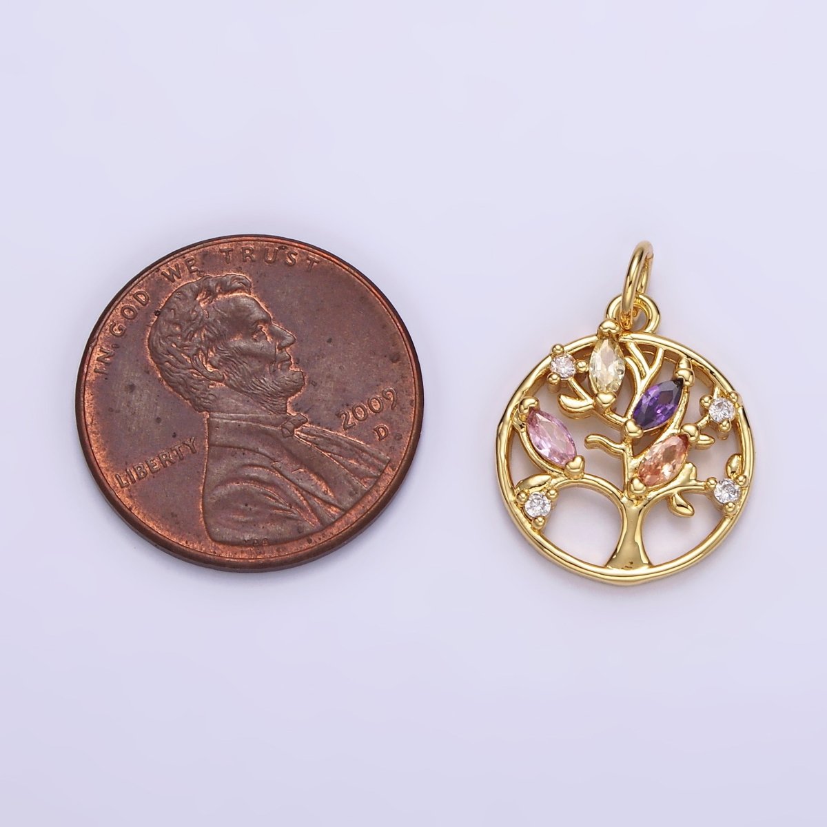 14K Gold Filled Multicolor Marquise CZ Leaf Tree Open Round Charm in Gold &amp; Silver | N1500 N1501