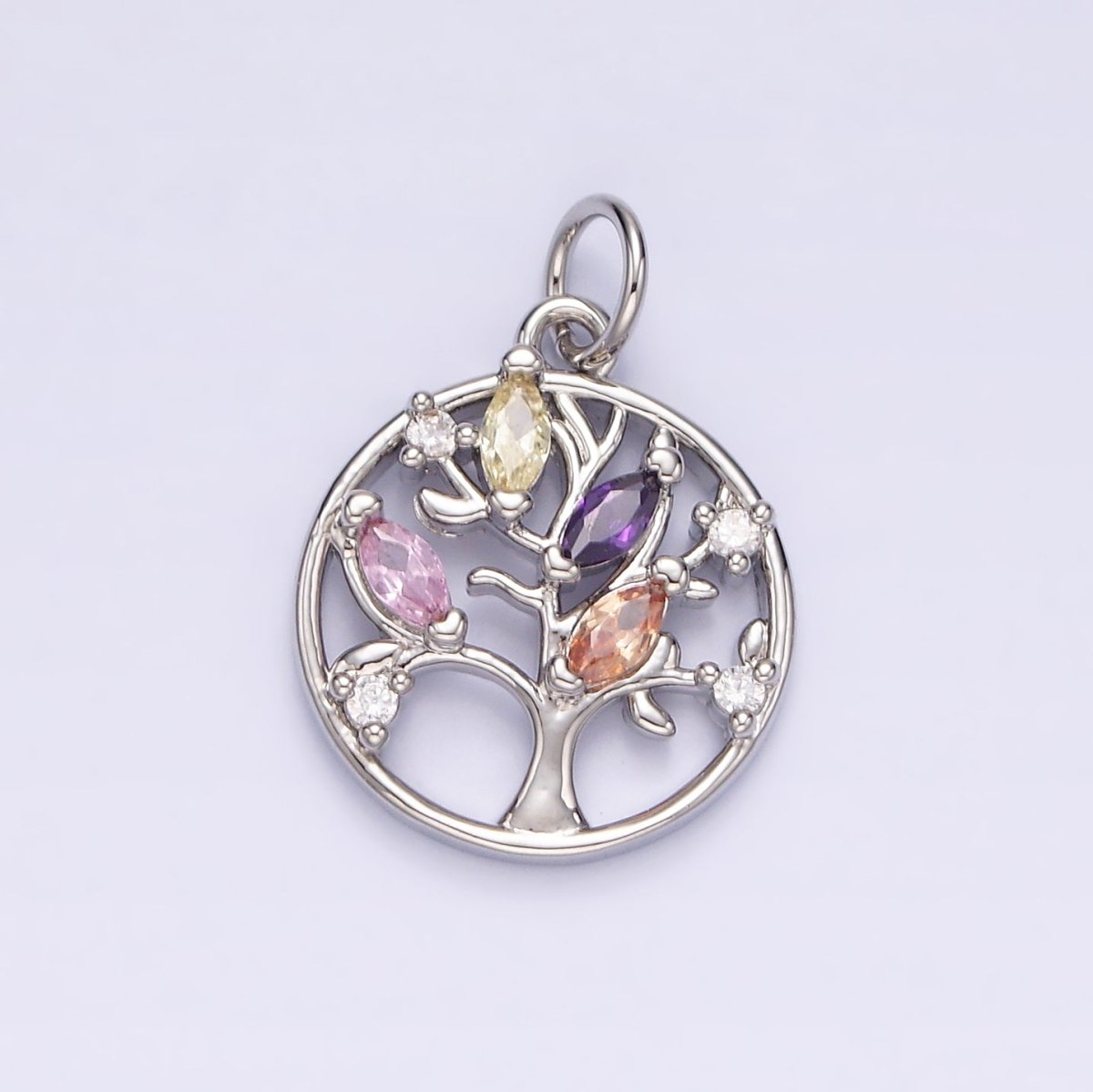 14K Gold Filled Multicolor Marquise CZ Leaf Tree Open Round Charm in Gold &amp; Silver | N1500 N1501