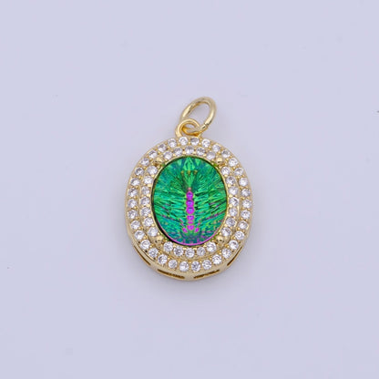 14K Gold Filled Multicolor, Purple, Yellow, Blue Iridescent Thermal CZ Micro Paved Oval Charm | AG070 - AG073