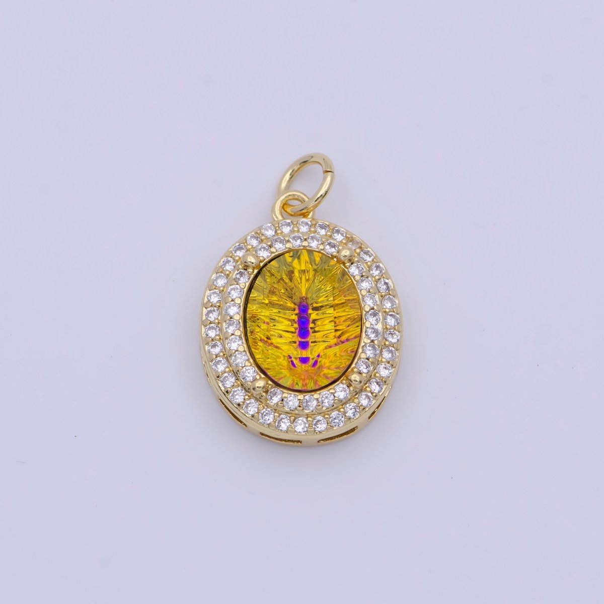 14K Gold Filled Multicolor, Purple, Yellow, Blue Iridescent Thermal CZ Micro Paved Oval Charm | AG070 - AG073