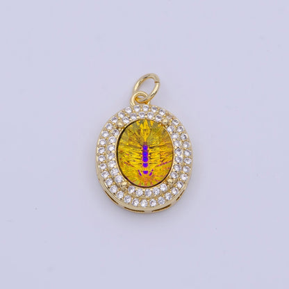14K Gold Filled Multicolor, Purple, Yellow, Blue Iridescent Thermal CZ Micro Paved Oval Charm | AG070 - AG073
