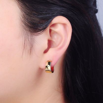 14K Gold Filled Multifaceted Geometric Hammered Huggie Hoop Earrings P-387