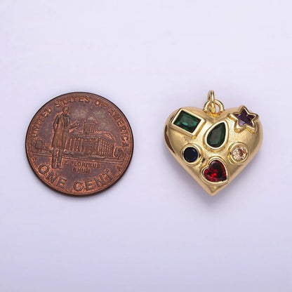 14K Gold Filled Multiple Geometric Multicolor CZ Chubby Filigree Heart Charm | AG522