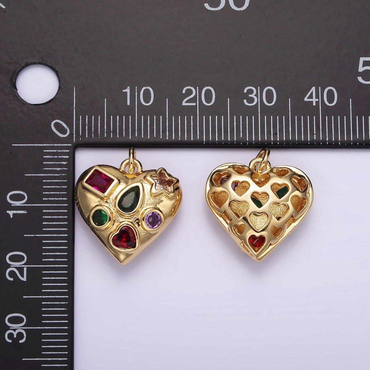14K Gold Filled Multiple Geometric Multicolor CZ Chubby Filigree Heart Charm | AG522