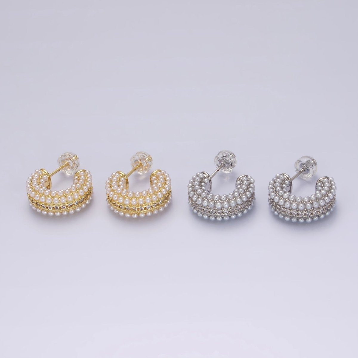 14K Gold Filled Multiple Pearl Micro Paved CZ 15mm C-Shaped Hoop Earrings in Gold &amp; Silver | V259