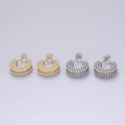 14K Gold Filled Multiple Pearl Micro Paved CZ 15mm C-Shaped Hoop Earrings in Gold &amp; Silver | V259