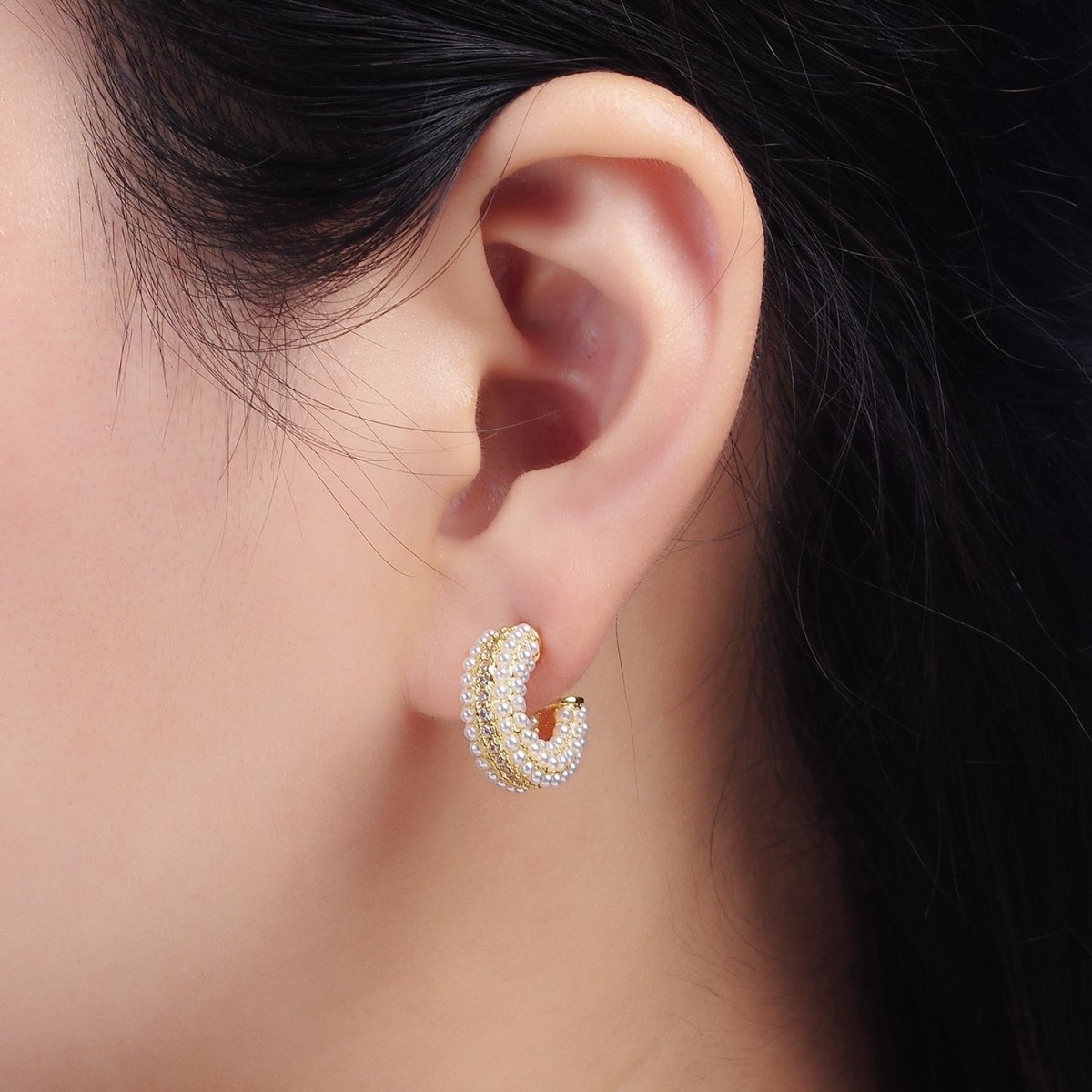 14K Gold Filled Multiple Pearl Micro Paved CZ 15mm C-Shaped Hoop Earrings in Gold &amp; Silver | V259