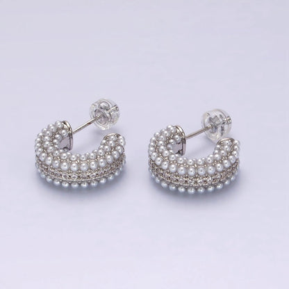 14K Gold Filled Multiple Pearl Micro Paved CZ 15mm C-Shaped Hoop Earrings in Gold &amp; Silver | V259