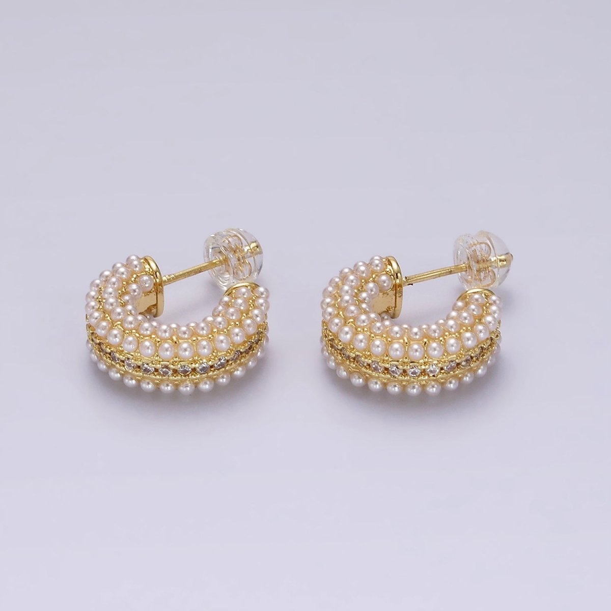 14K Gold Filled Multiple Pearl Micro Paved CZ 15mm C-Shaped Hoop Earrings in Gold &amp; Silver | V259