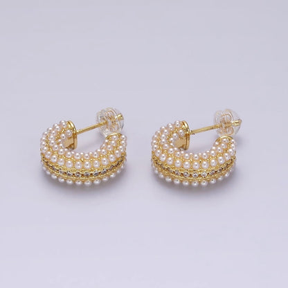 14K Gold Filled Multiple Pearl Micro Paved CZ 15mm C-Shaped Hoop Earrings in Gold &amp; Silver | V259