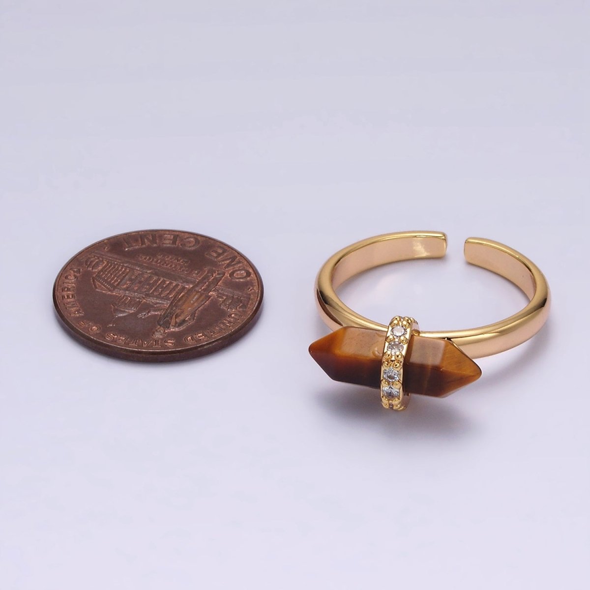 14K Gold Filled Natural Gemstone Pointed Wand Micro Paved CZ Ring | O698 - O707