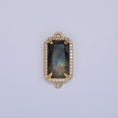 14K Gold Filled Natural Gemstone Rectangular Micro Paved CZ Charm Connector | G-084 - G-092