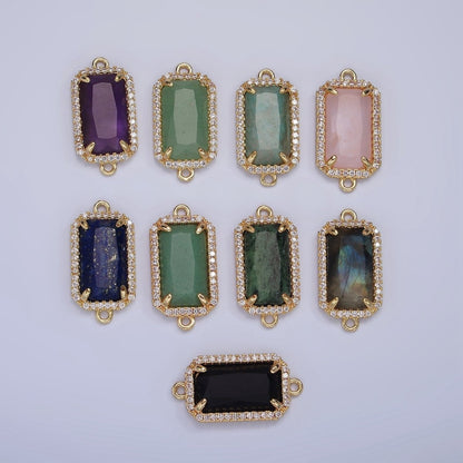 14K Gold Filled Natural Gemstone Rectangular Micro Paved CZ Charm Connector | G-084 - G-092
