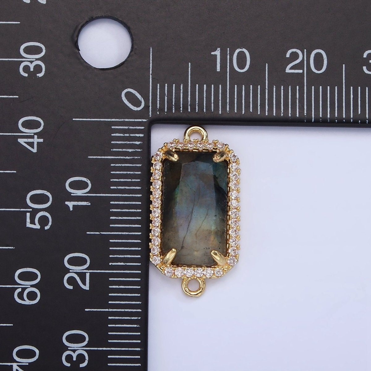 14K Gold Filled Natural Gemstone Rectangular Micro Paved CZ Charm Connector | G-084 - G-092