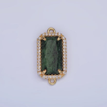 14K Gold Filled Natural Gemstone Rectangular Micro Paved CZ Charm Connector | G-084 - G-092