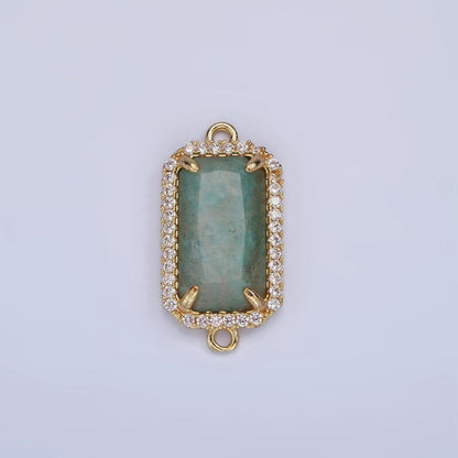 14K Gold Filled Natural Gemstone Rectangular Micro Paved CZ Charm Connector | G-084 - G-092