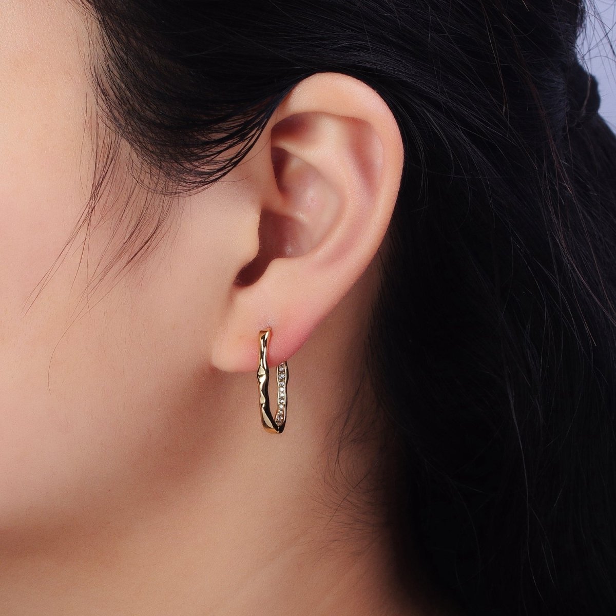 14K Gold Filled Oblong Hammered Geometric Micro Paved Hoop Earrings | AB266