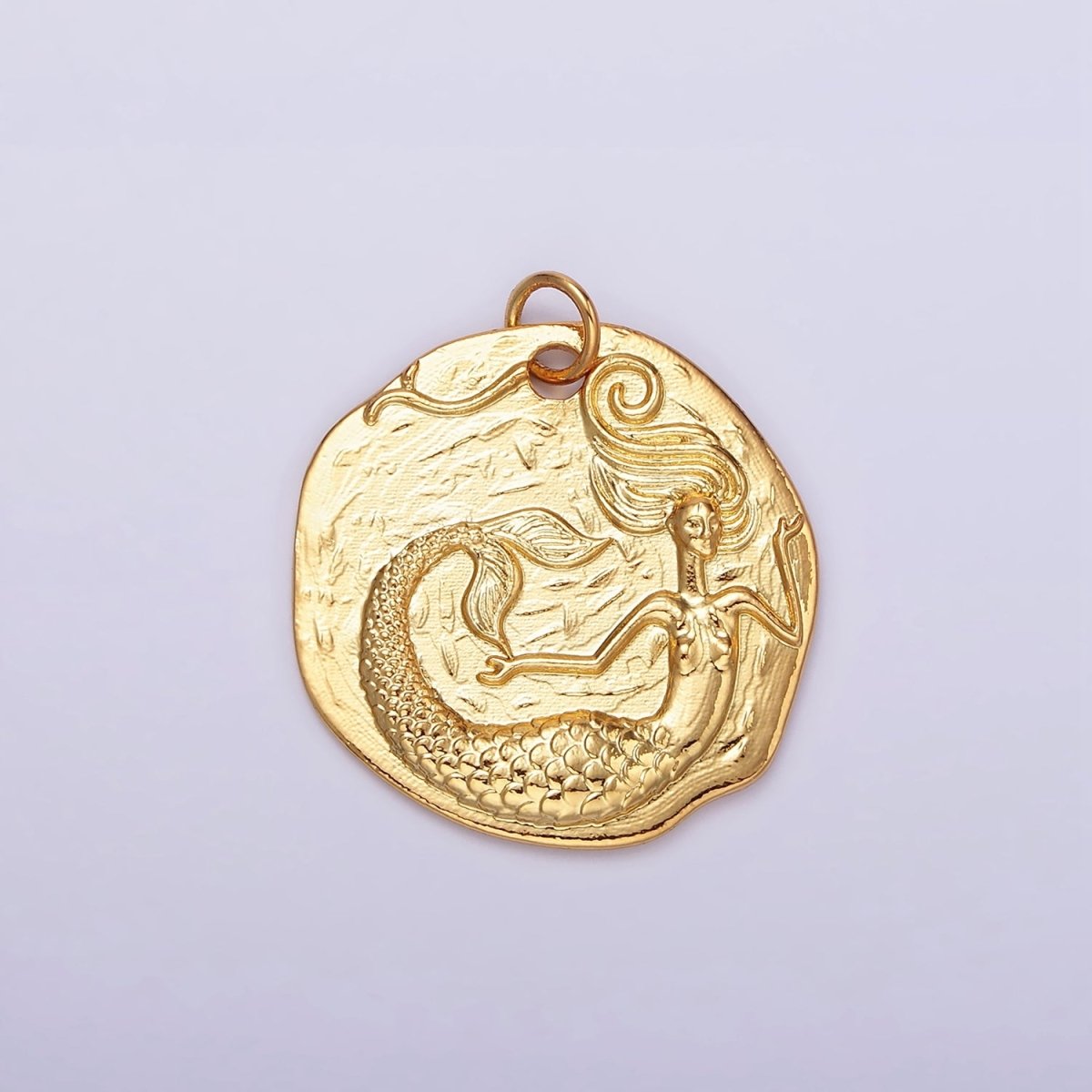 14K Gold Filled Ocean Mermaid Textured Round Coin Charm in Gold &amp; Silver | N1161 N1162