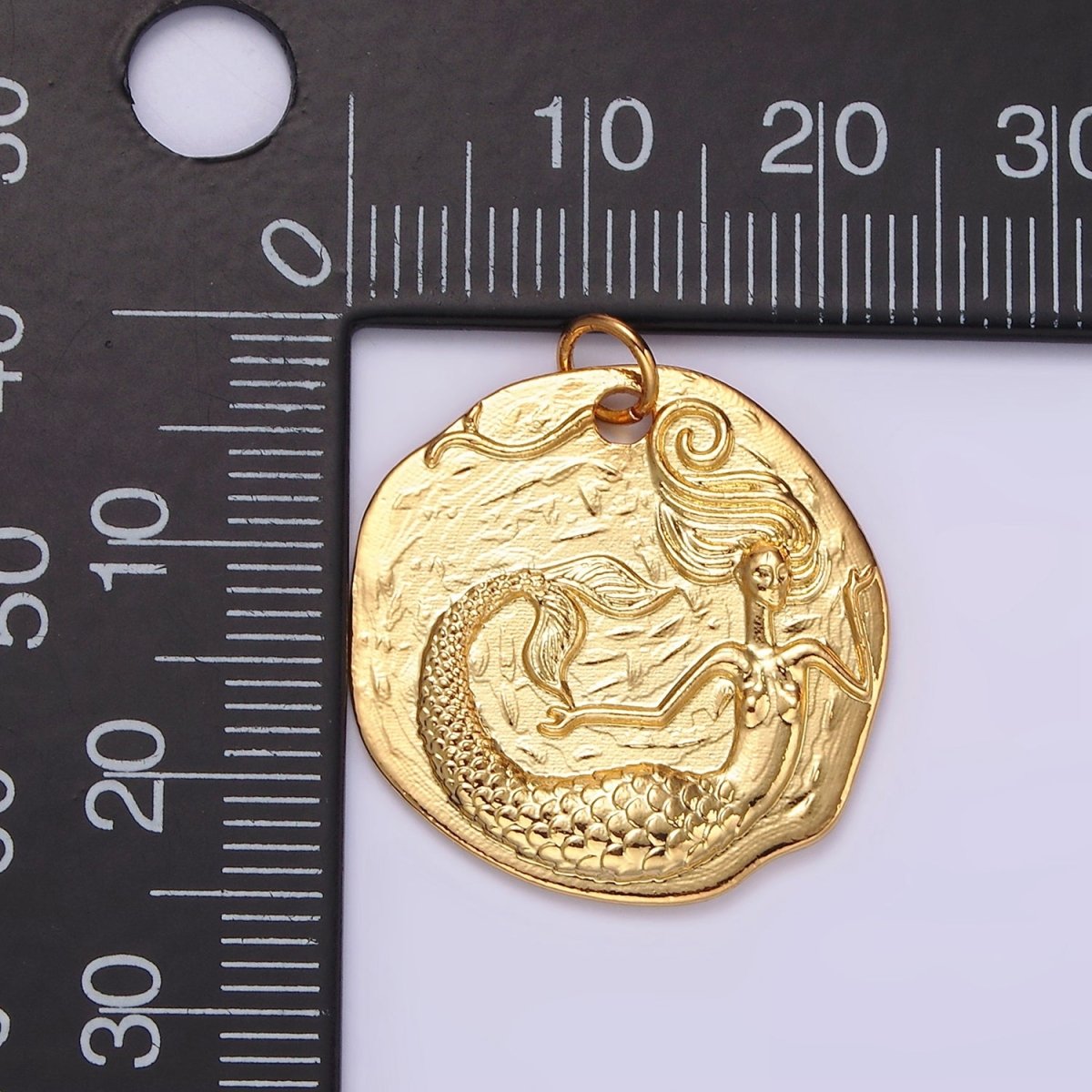 14K Gold Filled Ocean Mermaid Textured Round Coin Charm in Gold &amp; Silver | N1161 N1162