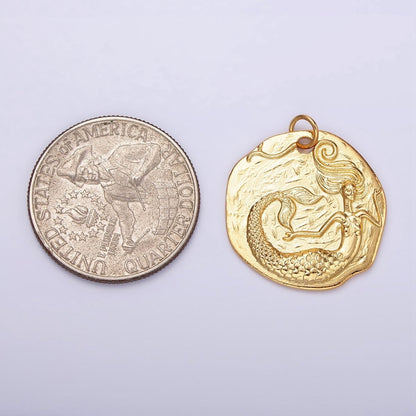 14K Gold Filled Ocean Mermaid Textured Round Coin Charm in Gold &amp; Silver | N1161 N1162