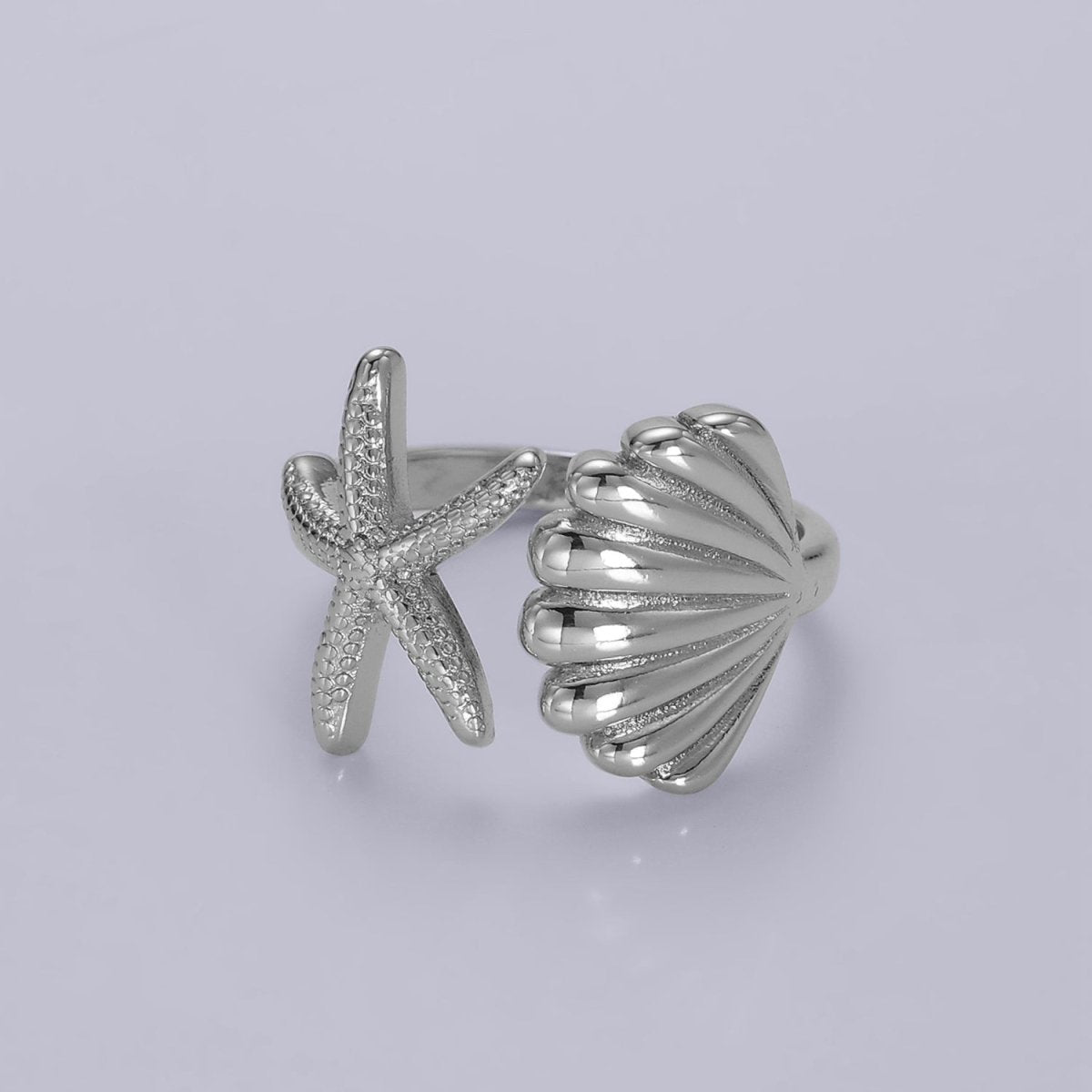 14K Gold Filled Ocean Starfish Clam Sea Shell Open Wrap Ring in Gold &amp; Silver | O333