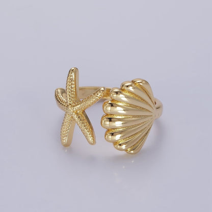 14K Gold Filled Ocean Starfish Clam Sea Shell Open Wrap Ring in Gold &amp; Silver | O333