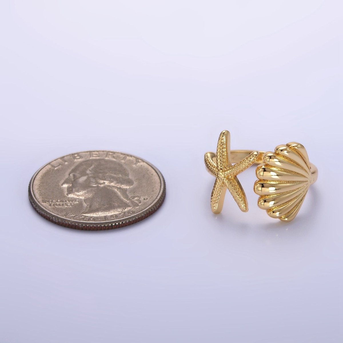 14K Gold Filled Ocean Starfish Clam Sea Shell Open Wrap Ring in Gold &amp; Silver | O333