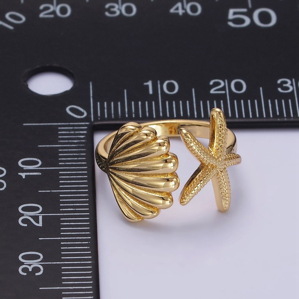 14K Gold Filled Ocean Starfish Clam Sea Shell Open Wrap Ring in Gold &amp; Silver | O333