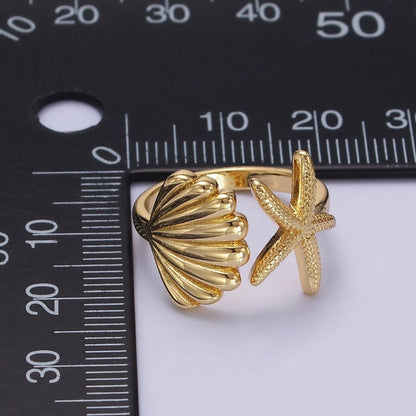 14K Gold Filled Ocean Starfish Clam Sea Shell Open Wrap Ring in Gold &amp; Silver | O333