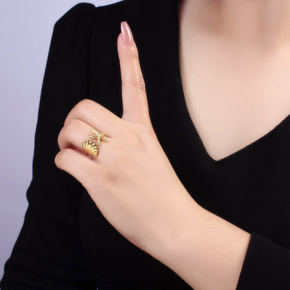 14K Gold Filled Ocean Starfish Clam Sea Shell Open Wrap Ring in Gold &amp; Silver | O333