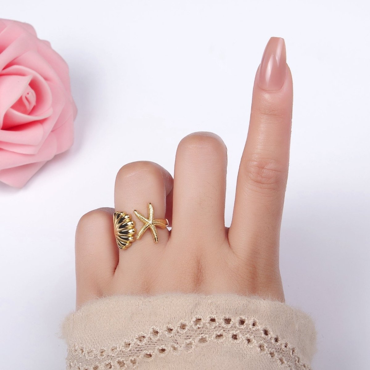 14K Gold Filled Ocean Starfish Clam Sea Shell Open Wrap Ring in Gold &amp; Silver | O333