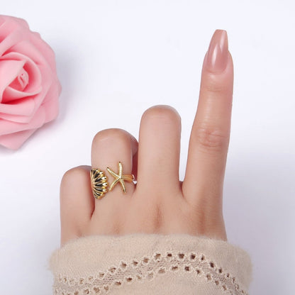 14K Gold Filled Ocean Starfish Clam Sea Shell Open Wrap Ring in Gold &amp; Silver | O333