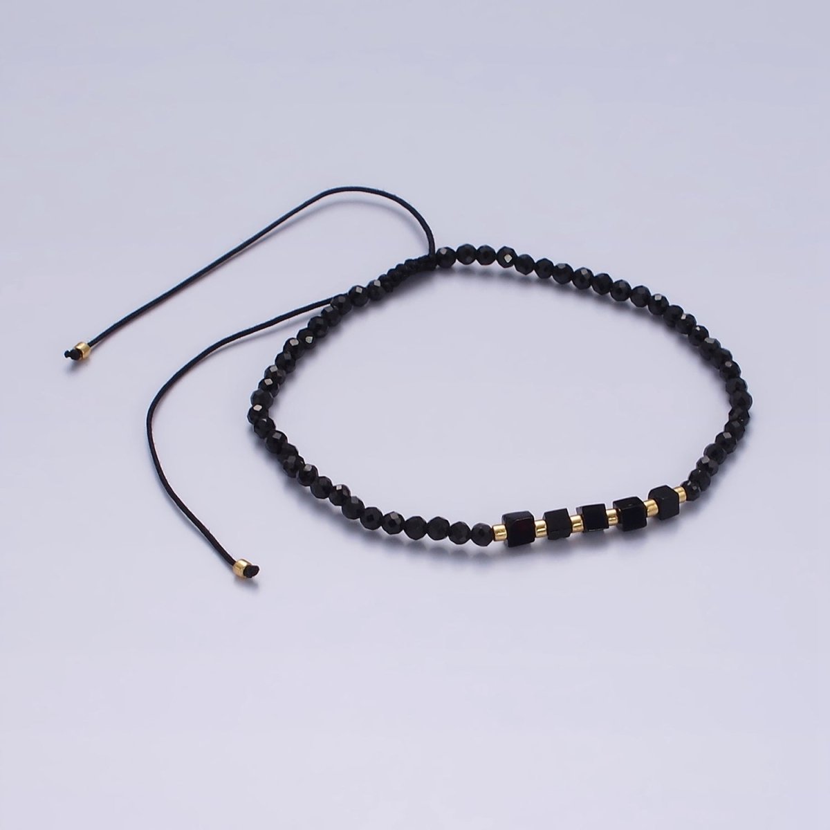 14K Gold Filled Black Onyx Multifaceted Rope Adjustable Friendship Bracelet | WA-02165 ~ WA-02167
