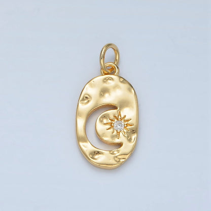 14K Gold Filled Open Celestial Crescent Moon Star CZ Hammered Oval Charm | AG878